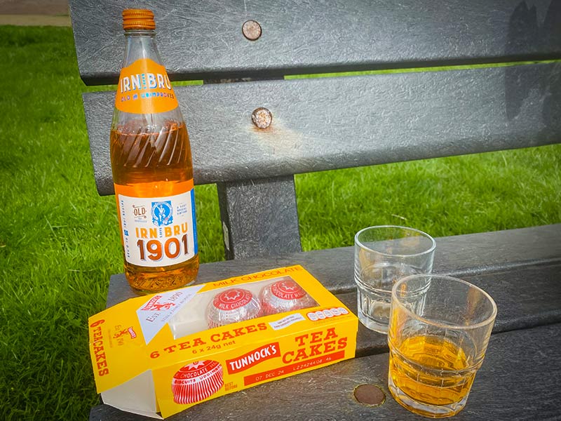 A Scottish picnic of Irn-Bru and Tunnock's teacakes.