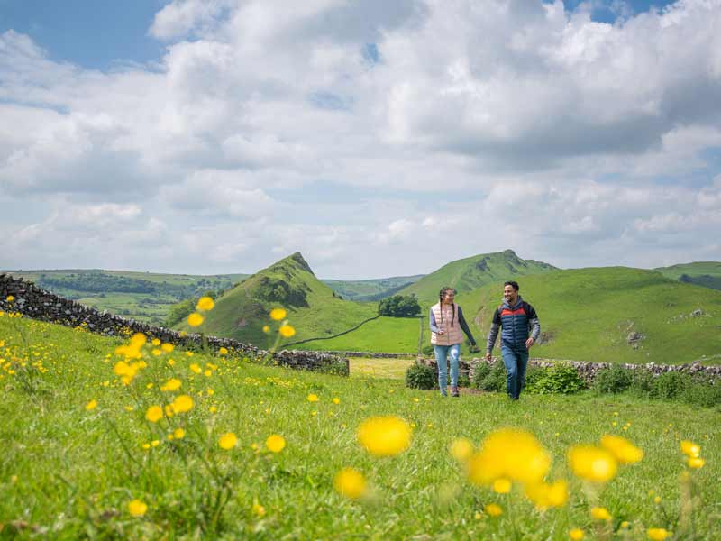 Couple walking through wildflower meadow near Chrome Hill, with rolling green hills in the background, Peak District.